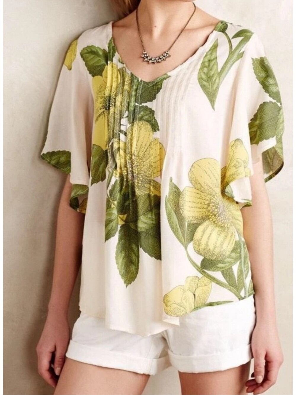 Maeve Cream Floral Tropical Pintuck V-Neck Blouse with Yellow & Green Print